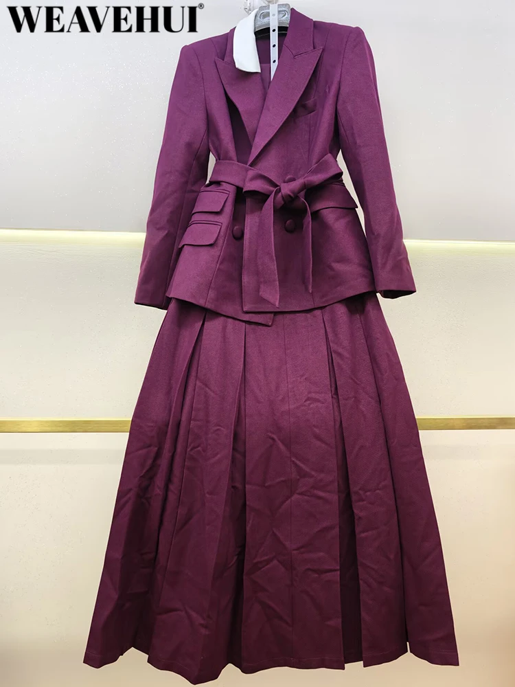 WEAVEHUI Women Lapel Long-sleeved Double Breasted Sashes Buttons Pockets Spring Autumnal New model High Street 2-Piece