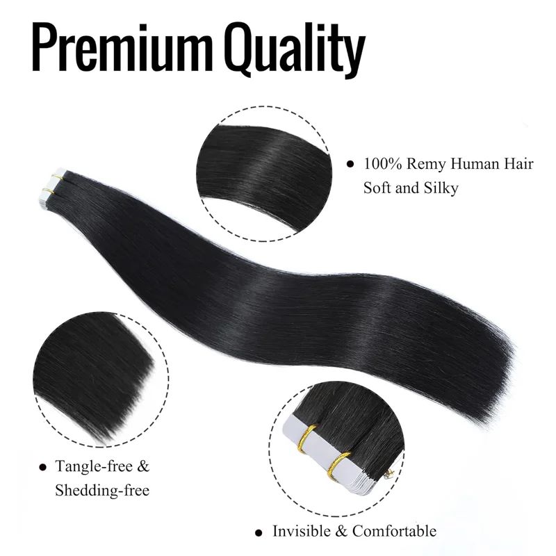 Tape in Hair Extensions Natural Black Real Human Hair 20 Pieces Remy Hair Extensions Straight Seamless Skin Weft Hair Extensions