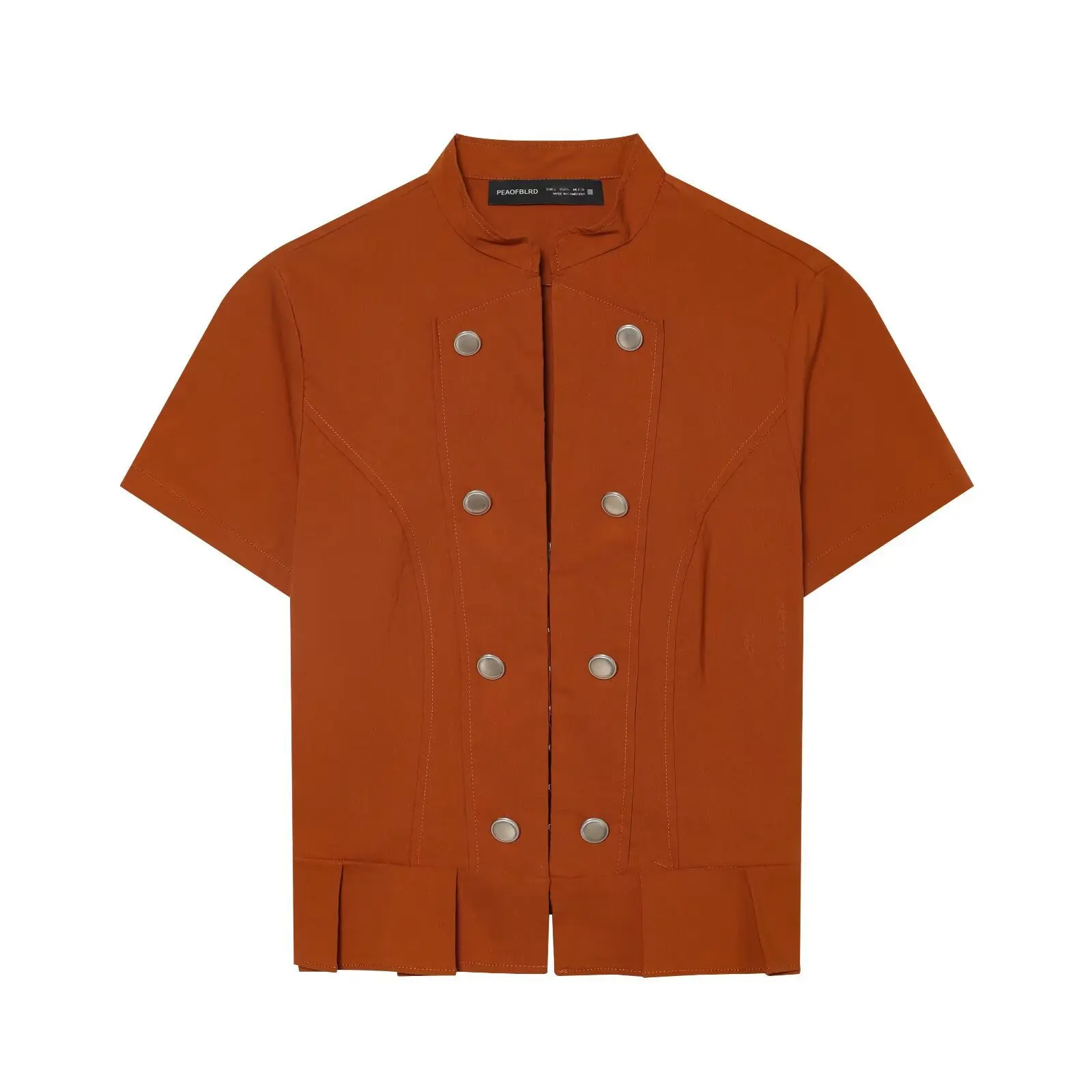Vintage Military Double Breasted Jacket Women Stand Collar Short Sleeve Crop Coat Elegant Pleated Hem Office Lady Outwear