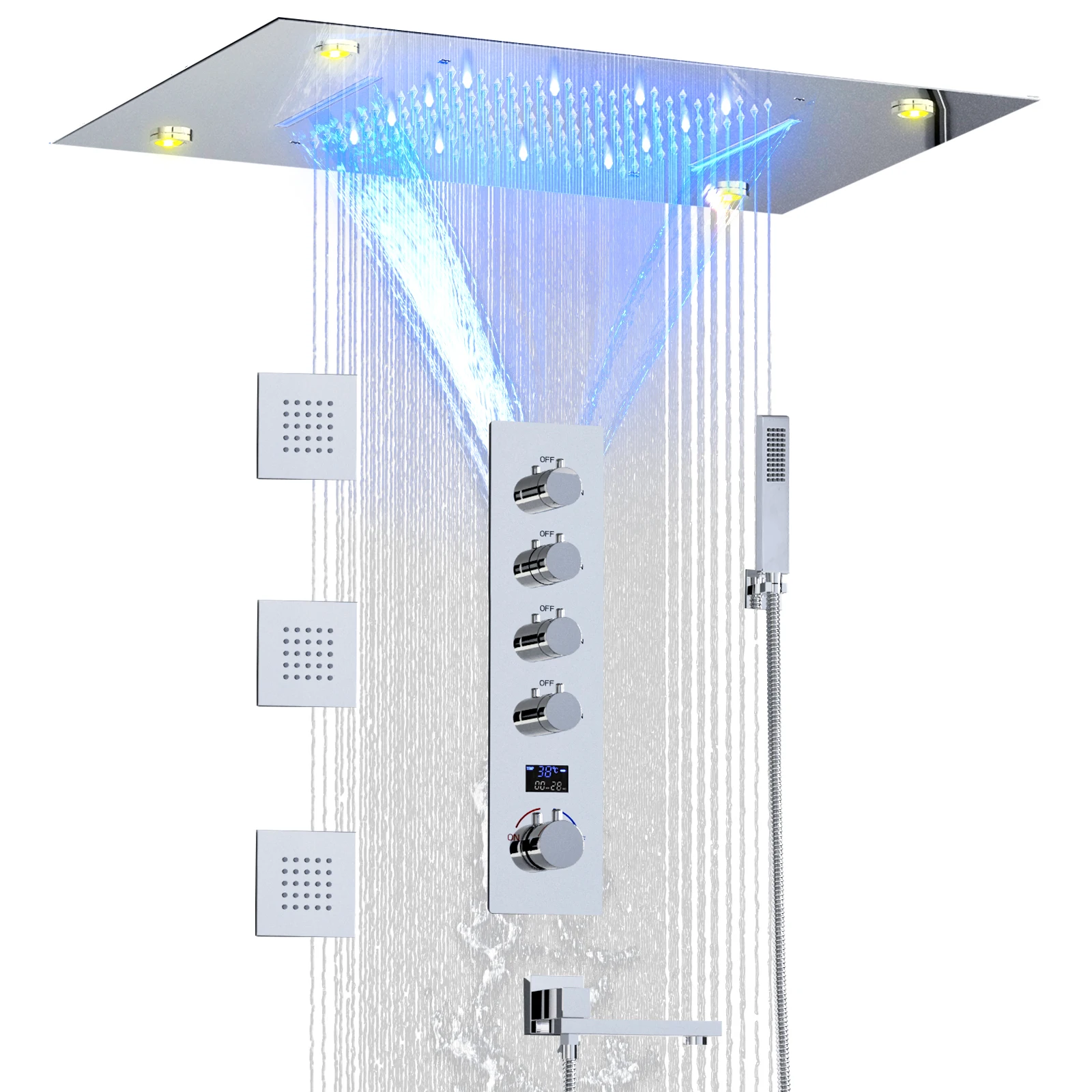 Modern Bathroom 20*14inch Shower Head Rainfall Waterfall LED Temperature Display Shower Set Cold and hot with Body Spray Jets