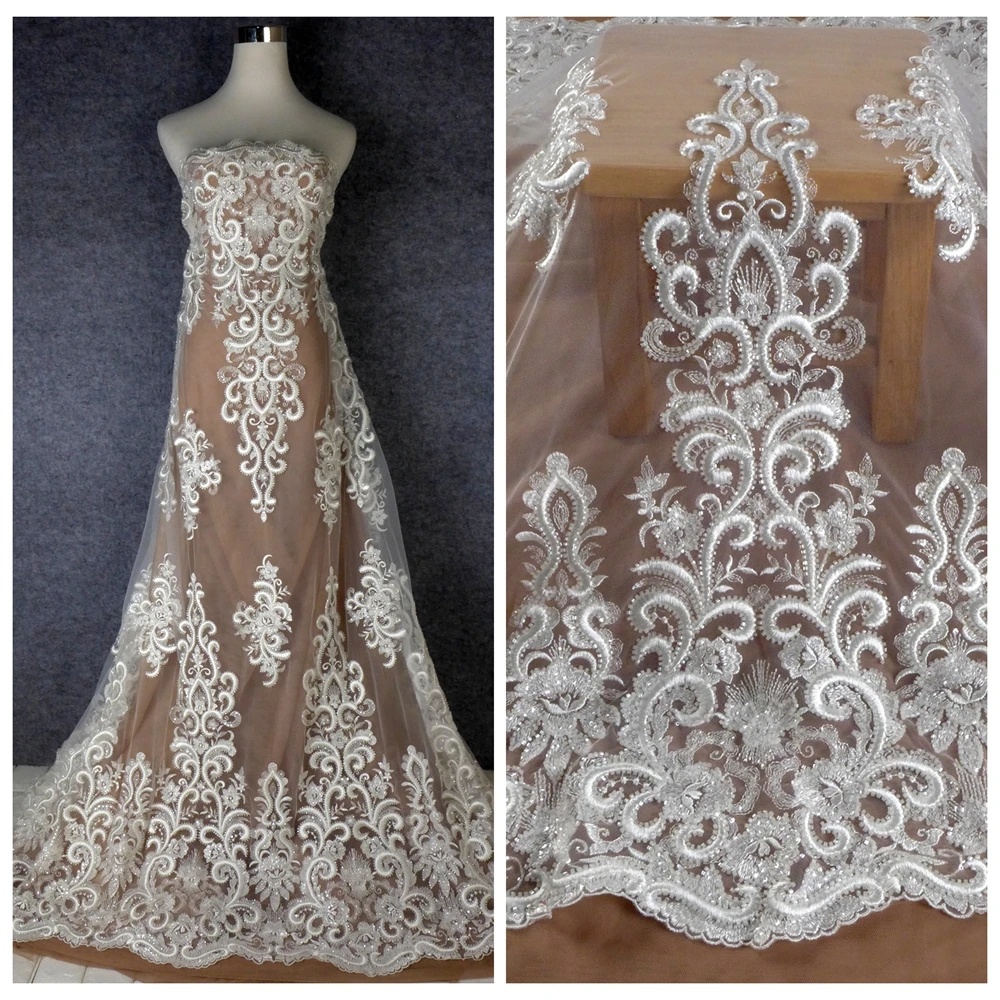 

HelluyerDC Off-white,Silver heavy beading lace fabric,125cm width lace for fashion,wedding,evening,dance gown by the yard