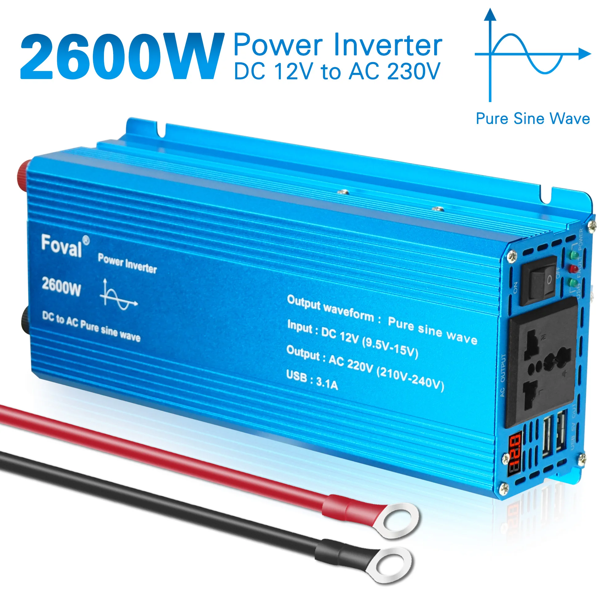 Pure Sine Wave DC 12V/24V 50Hz 60Hz To AC 220V 2600W LED Display Voltage Transformer Converter Solar Power Inverter