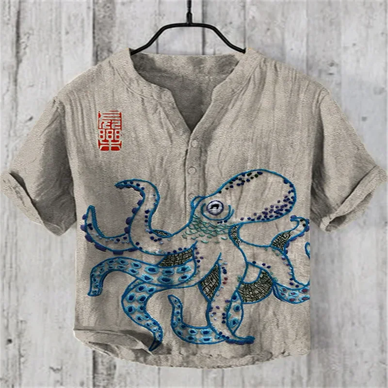 Various colors men's Japanese art octopus pattern print short sleeve shirts high quality fabrics daily going out shirts - Image 2