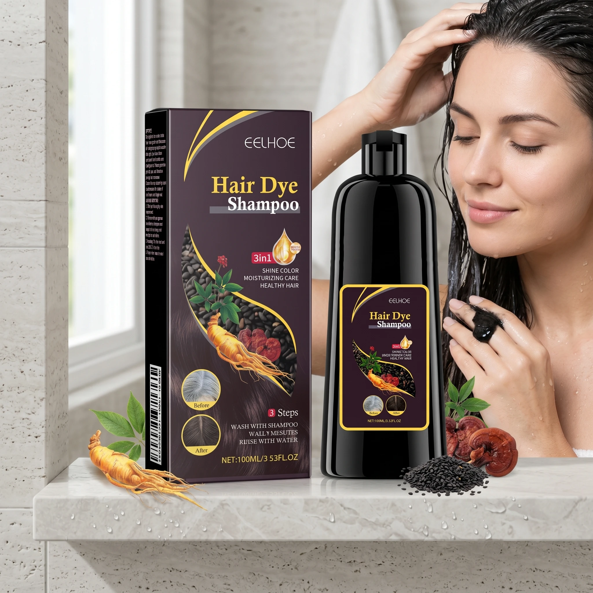 Black Hair Dye Shampoo Gray White Cover Repair Dry Damaged No Harm Deep Nourishing Natural Organic Herbal Instant Coloring Shampoo