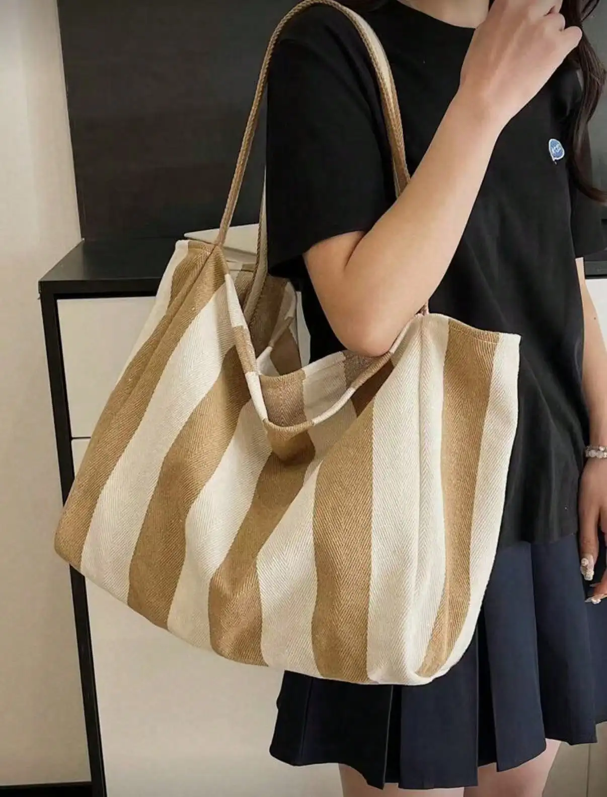 Retro Korean Style Stripe Canvas Tote Bag, Casual Large Capacity Shoulder Bag, Suitable For Women Travel & Vacation, School Supplies, School Bag, School Handbag, School Tote Bag, School Bookbag, Back To School Bags, Lightweight, Portable, Foldable