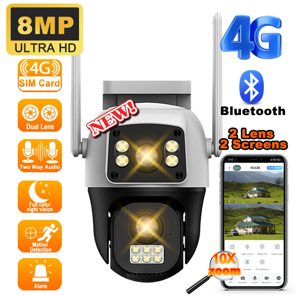

8MP 4G Camera Sim Card 4K HD Dual Lens Dual Screen Outdoor Surveillance 360° Human Detect Waterproof Night Vision PTZ Video CCTV