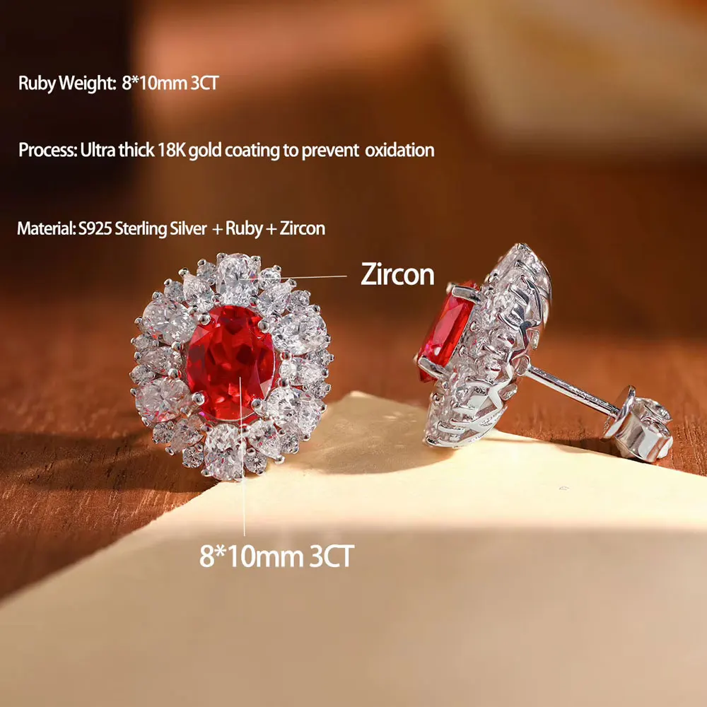 Pretty Beauty Ruby Jewelry Set for Women 925 Sterling Silver 3CT Oval Cut Lab Gemstone Halo Necklace Earrings July Birthstone