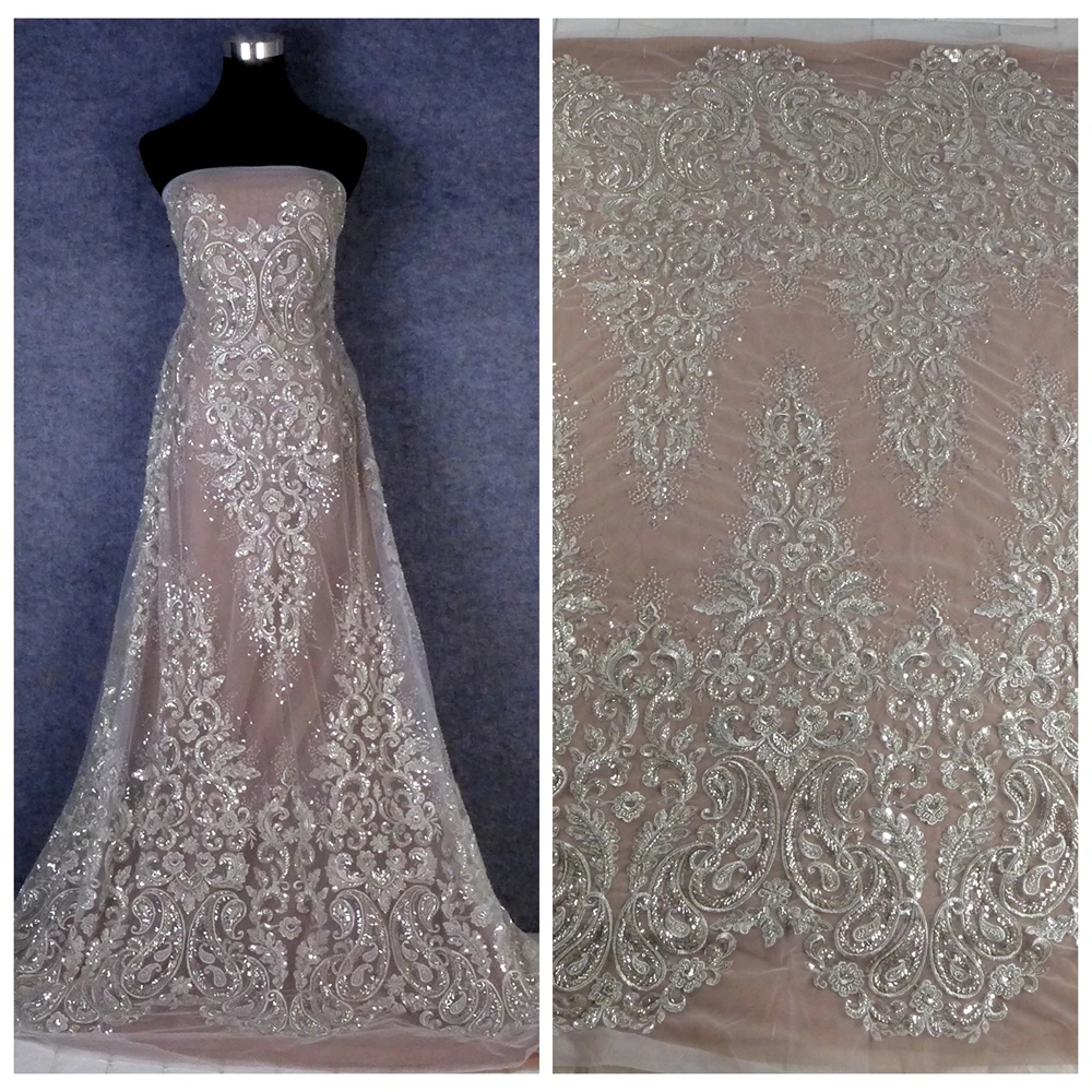 

HelluyerDC Off-White,Silver heavy beading lace fabric,large patterns lace for fashion,wedding,evening,dance gown 2 sides same