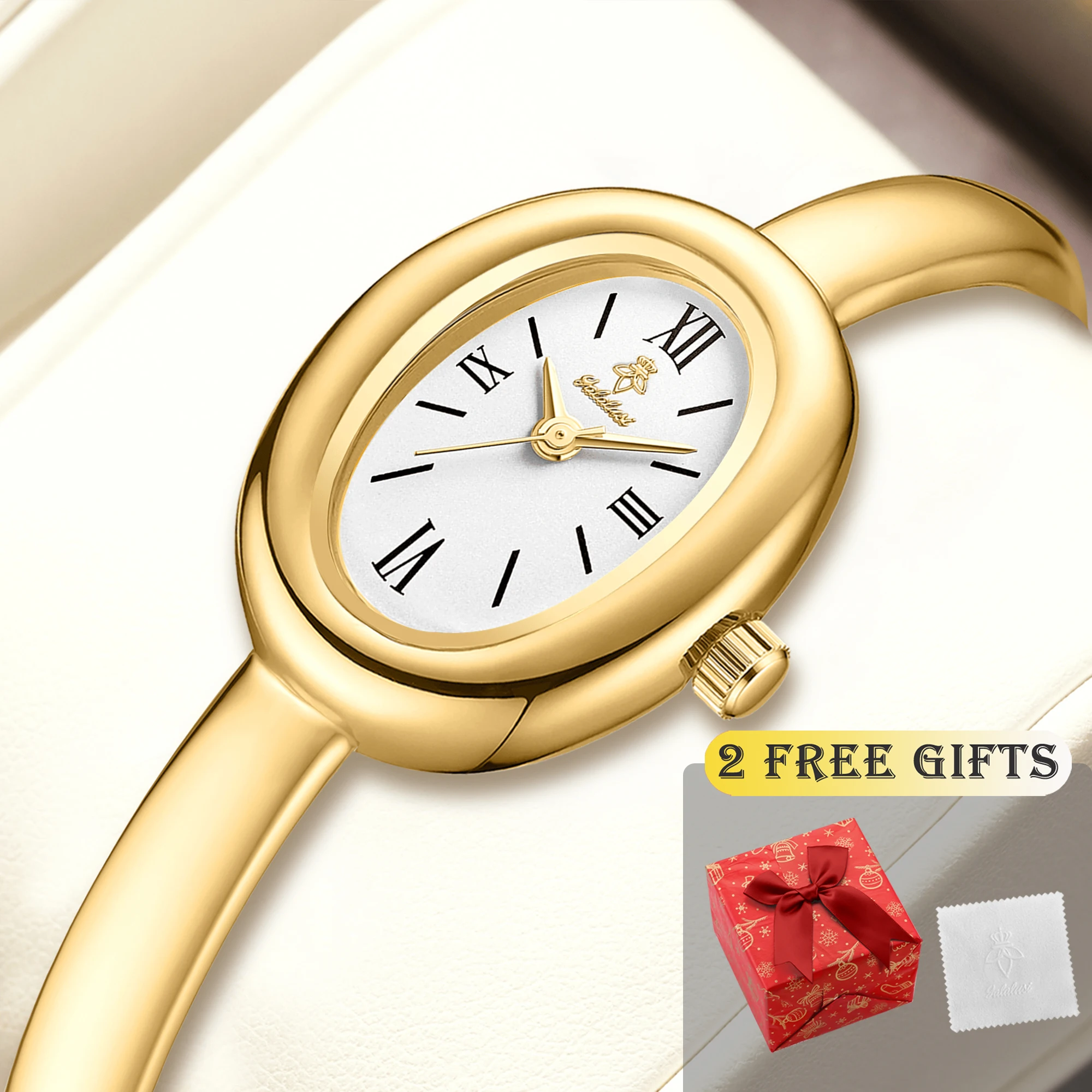 

Бренд Yalalusi 1, элегантные женские кварцевые часы в стиле браслета овальной формы с позолоченной отделкой, поставляются в подарочной коробке и тканью