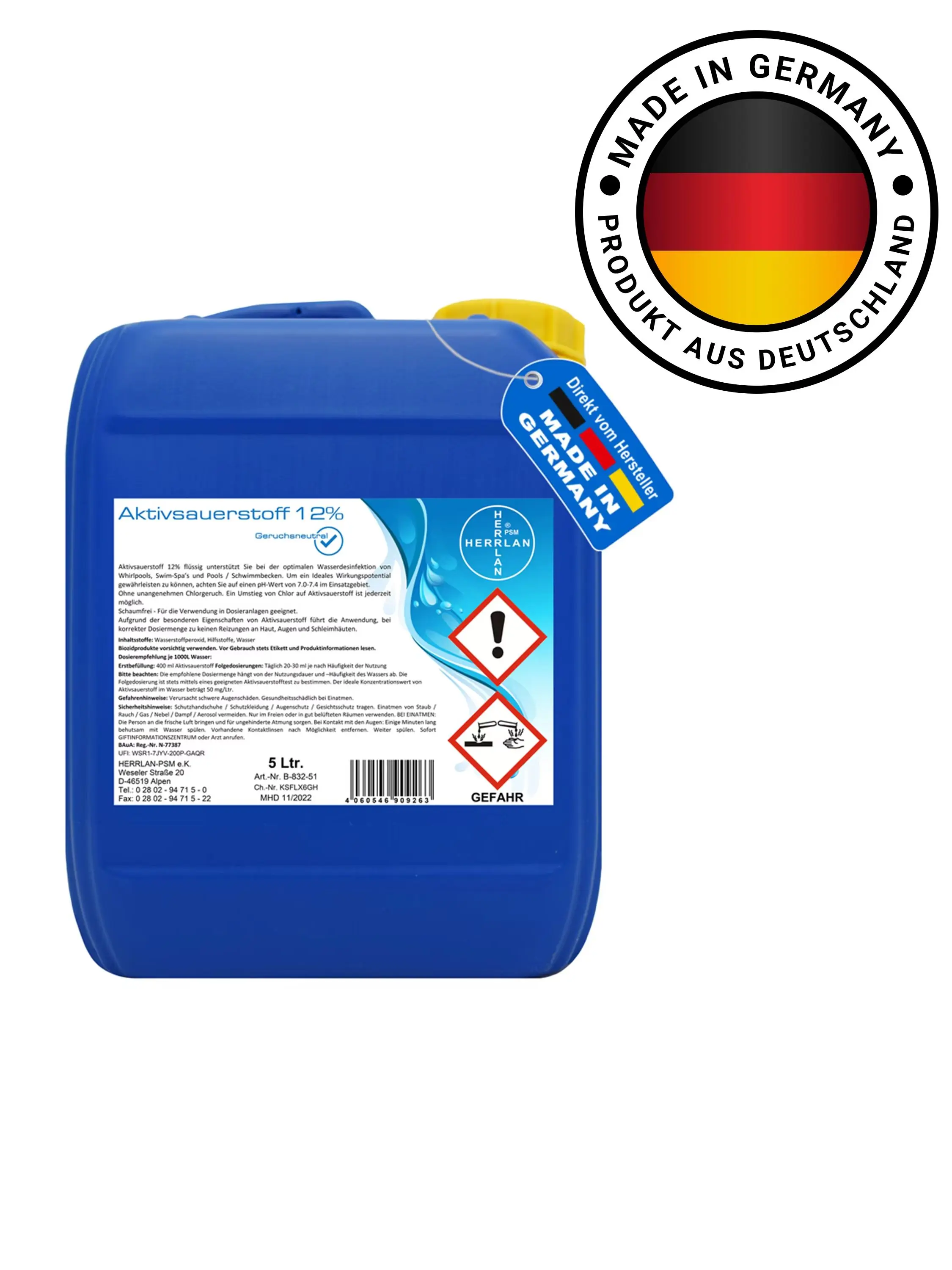 HERRLAN ® Oxygénant actif 12% - Bidon de 5 litres - Qualité alimentaire pour l'assainissement et la désinfection de l'eau sans odeur