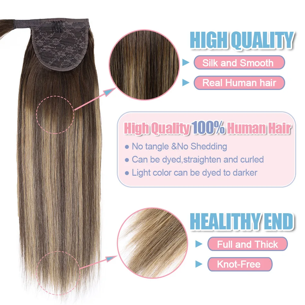 RoundAround-Queue de cheval droite brésilienne pour femme, extensions de cheveux humains Remy, cheveux humains