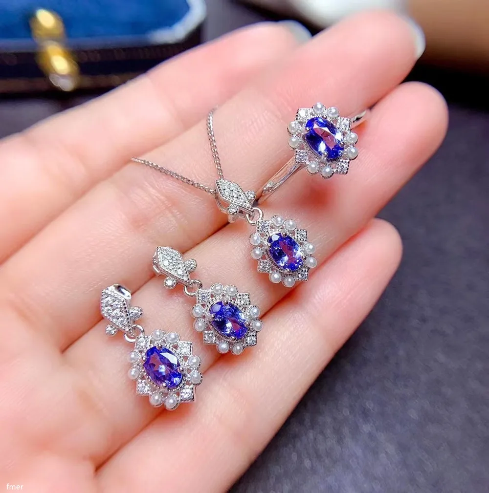 

Jewelry 925 sterling silver natural 4x6mm Tanzanite gemstone women's ring pendant necklace 3 sets to girlfriend birthday party