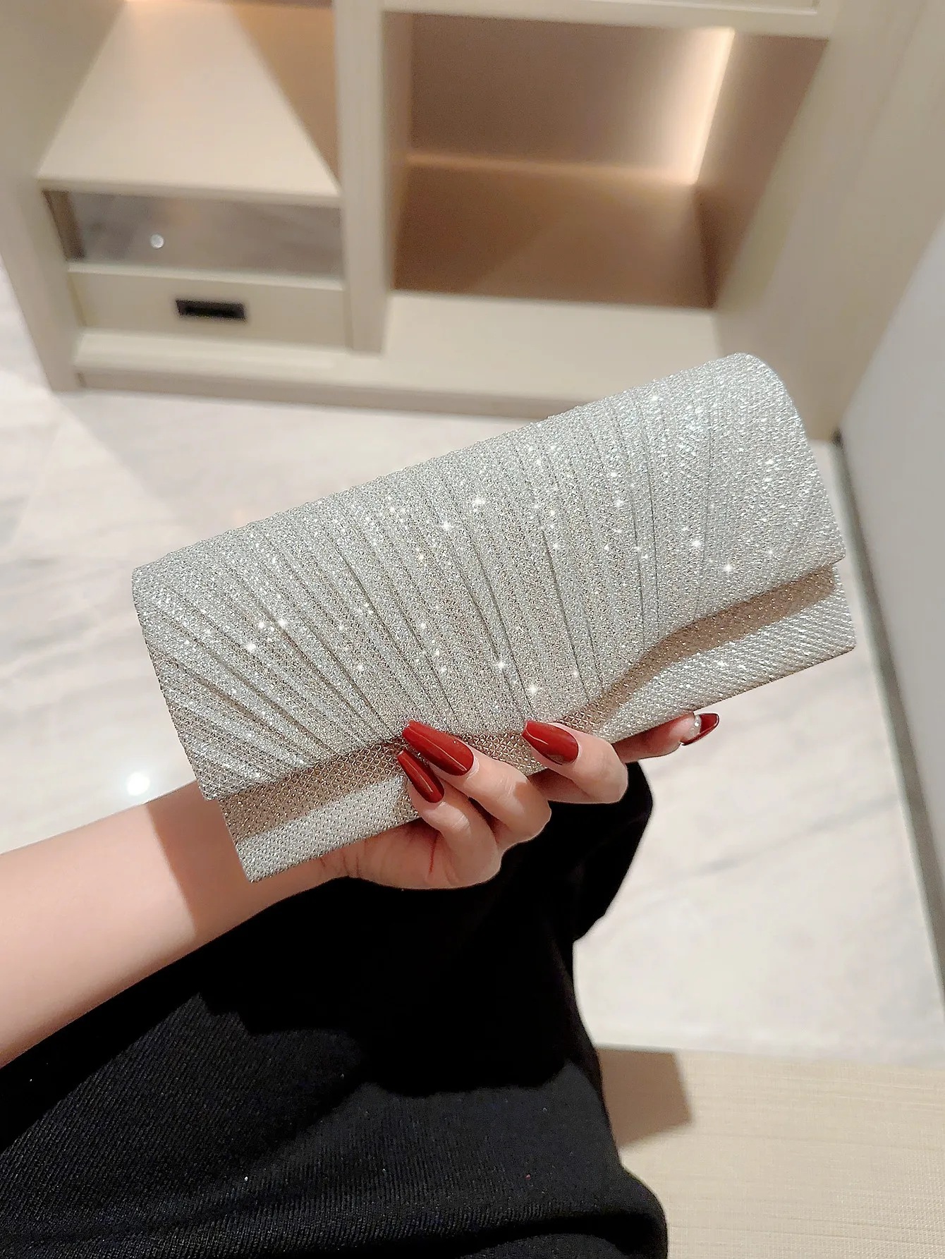 Women Lady Female Silver Evening Dinner Clutch Shimmering Elegant Bag Shoulderbag Handbag Glitter Purse Party Coctail Wedding