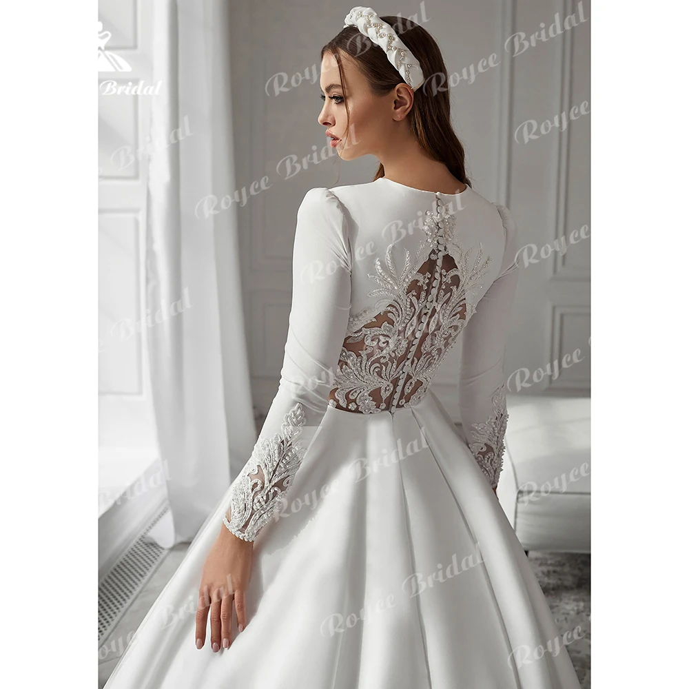 Elegant O Neck Back Button Lace Satin A-Line Muslim Wedding Dress White Long Sleeve Bride Gowns For Women 2023 Vestidos De Novia