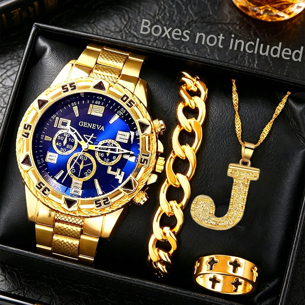 4-Piece Set, Men's Fashionable Blue Dial Quartz Watch with Bracelet, Letter J Pendant Necklace, Ring Set, Stainless Steel Strap and Dial, Pointer Display, Men's Wristwatch, Men's Gift, Watch Box Not Included.