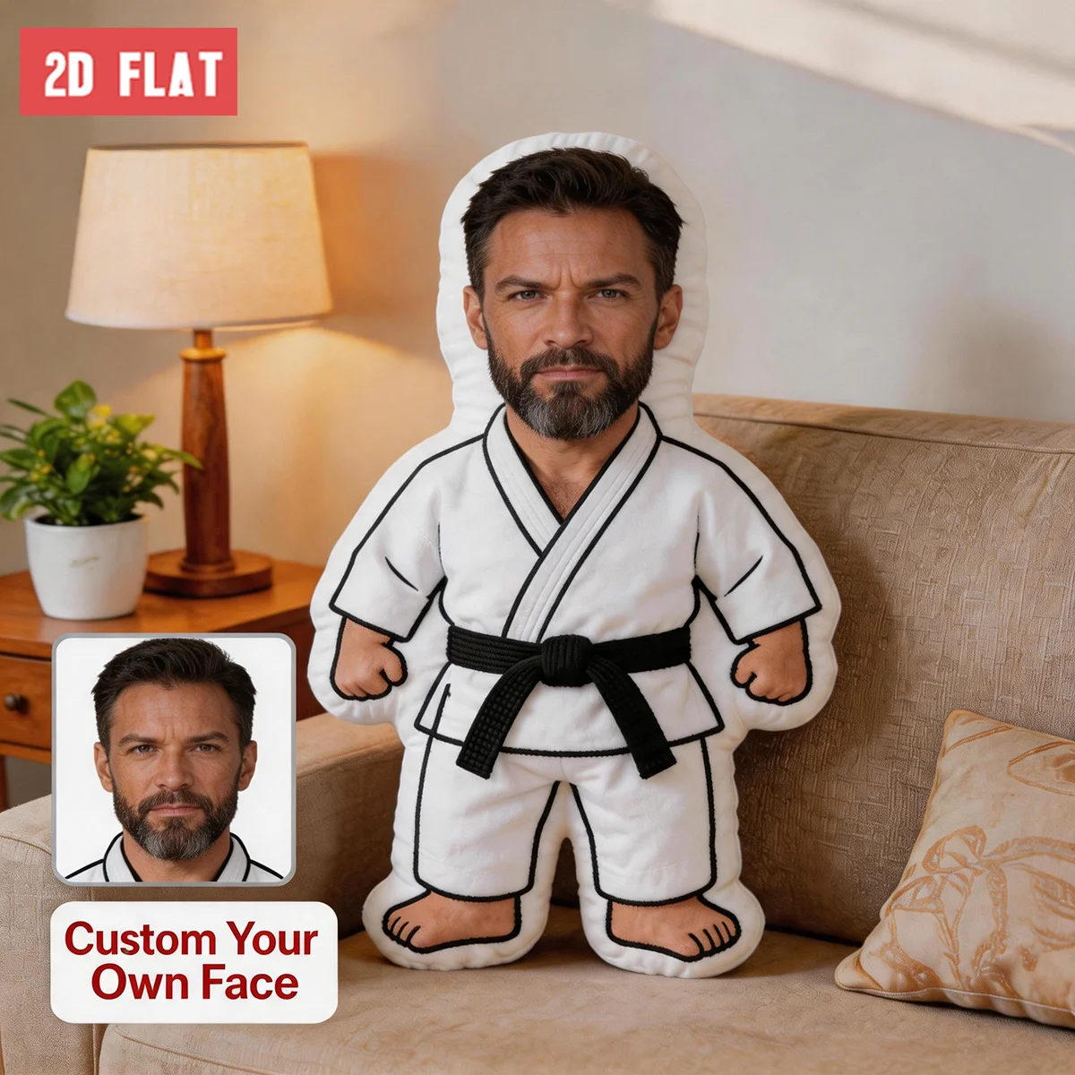 2D Flat Printing, Personalized Photo Customization: Karate Photo White Black Custom Shaped Decorative Cushion, Graphic Accent Pi
