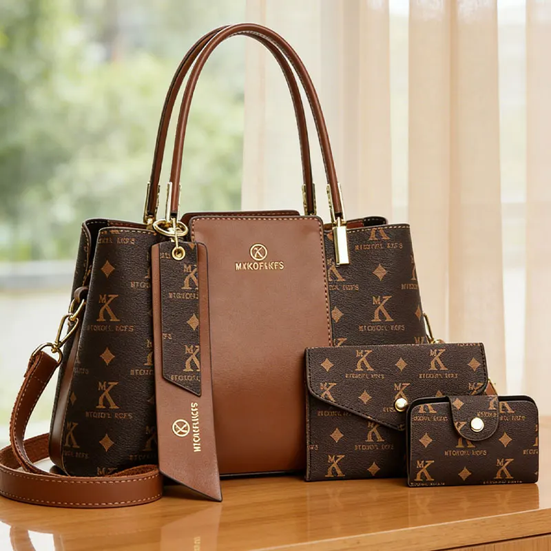 

3-piece women's bag set, light luxury printed ladies handbag, color-blocked design multi-pocket large-capacity tote bag
