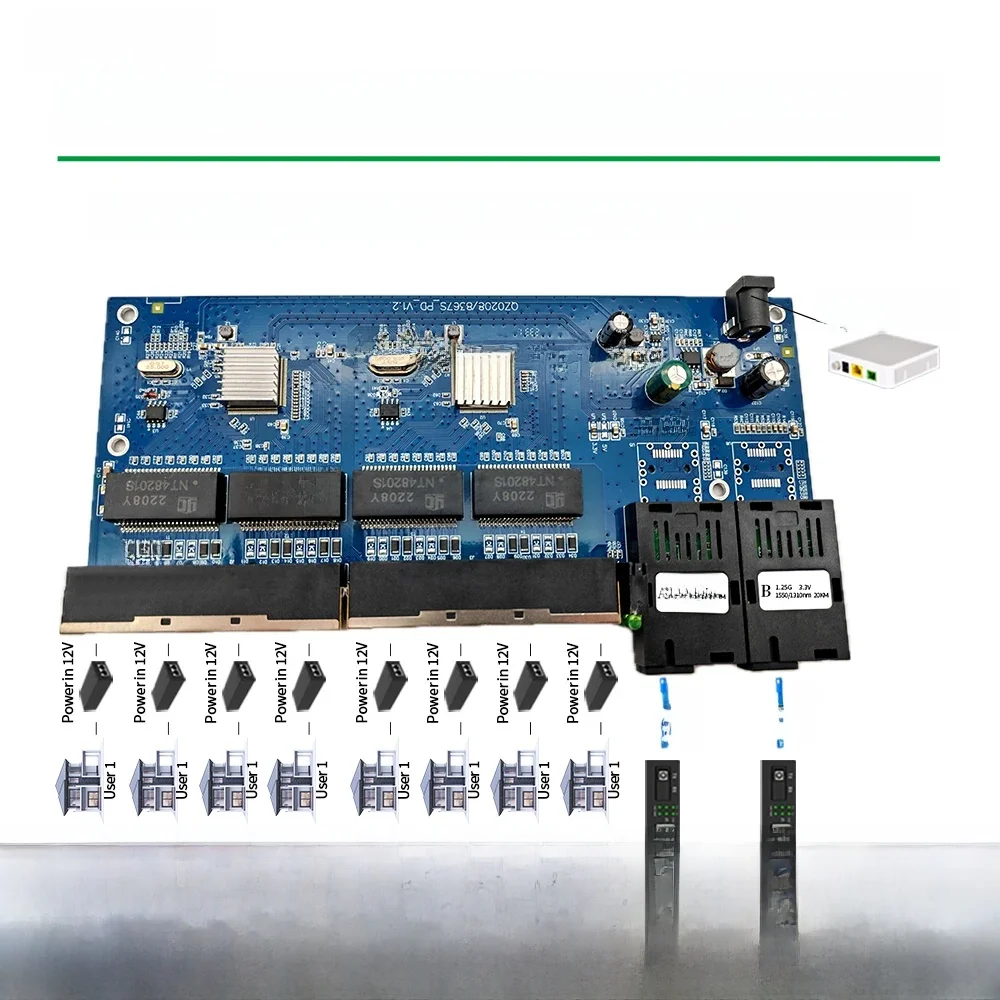 Odwrotny POE 100/1000M 2Fiber 8RJ45 Światłowodowy konwerter mediów Gigabit PCBA Światłowodowa płytka PCBA — zdjęcie produktu 7