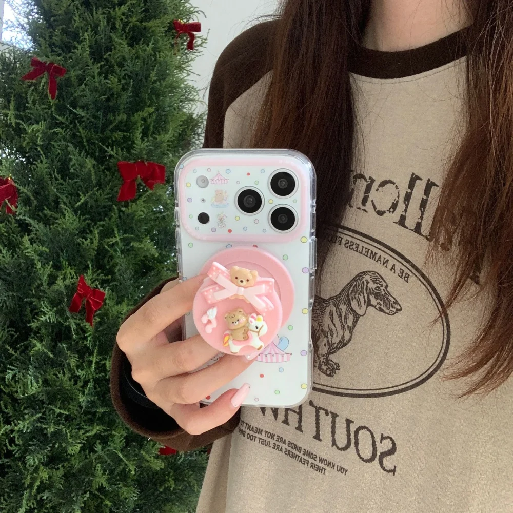 

Cute cartoon polka dot bear Trojan horse with for magsafe holder phone case for iPhone 17 16 ProMax 15 Pro fundas Korean INS new
