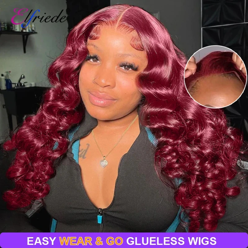 Elfriede #99J Burgundy Loose Wave Glueless Wigs Human Hair Ready to Wear 4X4 Lace Closure Preplucked Human Hair Wig for Women