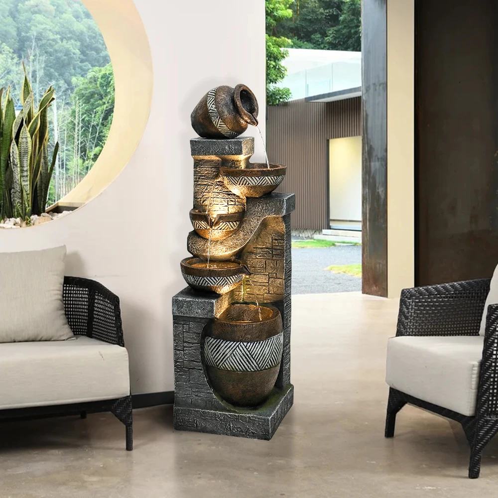 5 Tier Indoor/Outdoor Garden Fountain - 42.5 '' Modern Floor Standing Cascading Water Feature - For Deck, Patio, Yard Decoration