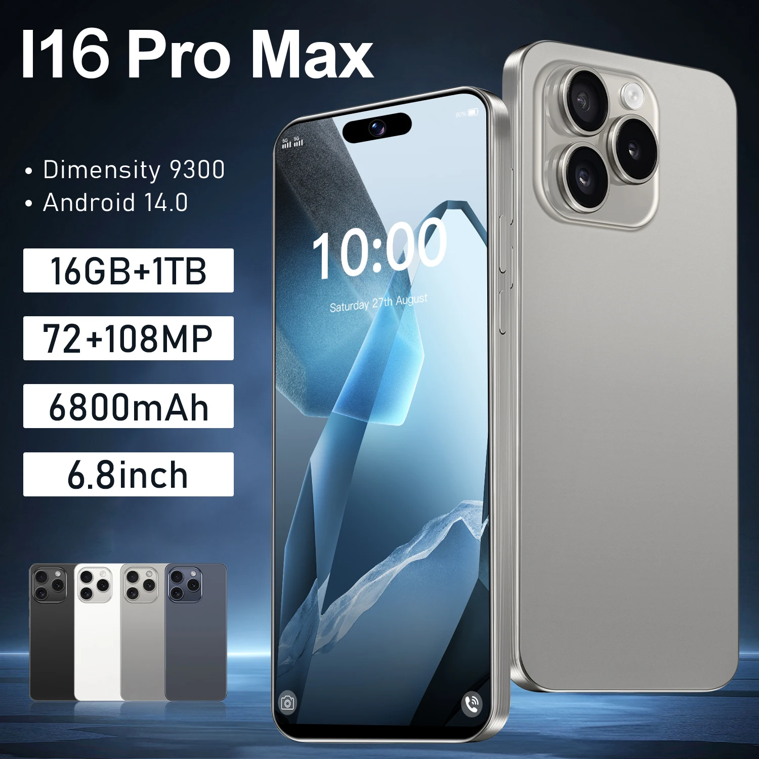 

Original Smartphone I16 Pro max Global version Mobile Phones 16G+1T 6.8'' HD+ Android 14 6800mAh Battery 108MP Camera Cellphone