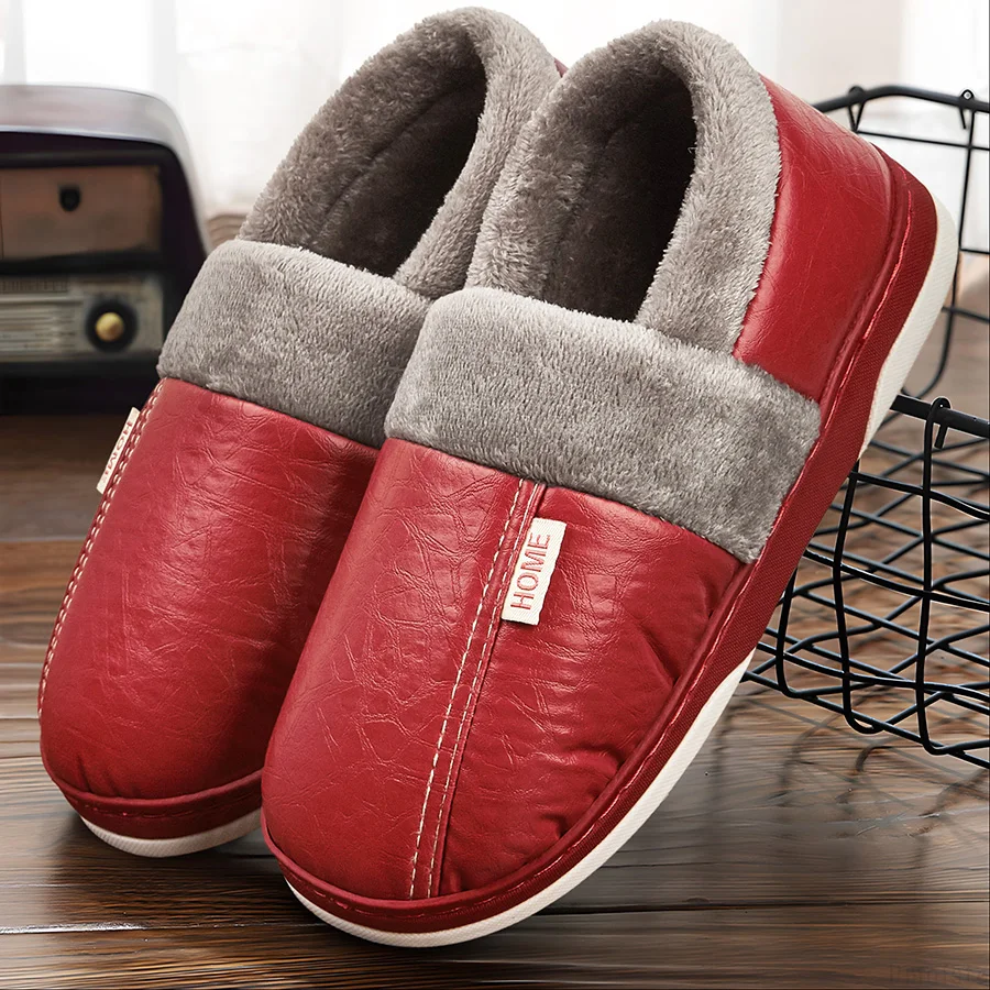 Men\'s Home Slippers Imitation Leather Memory Foam Furry Indoor/Outdoor Shoes Couple Winter Warm Soft Non-slip Slippers Luxury