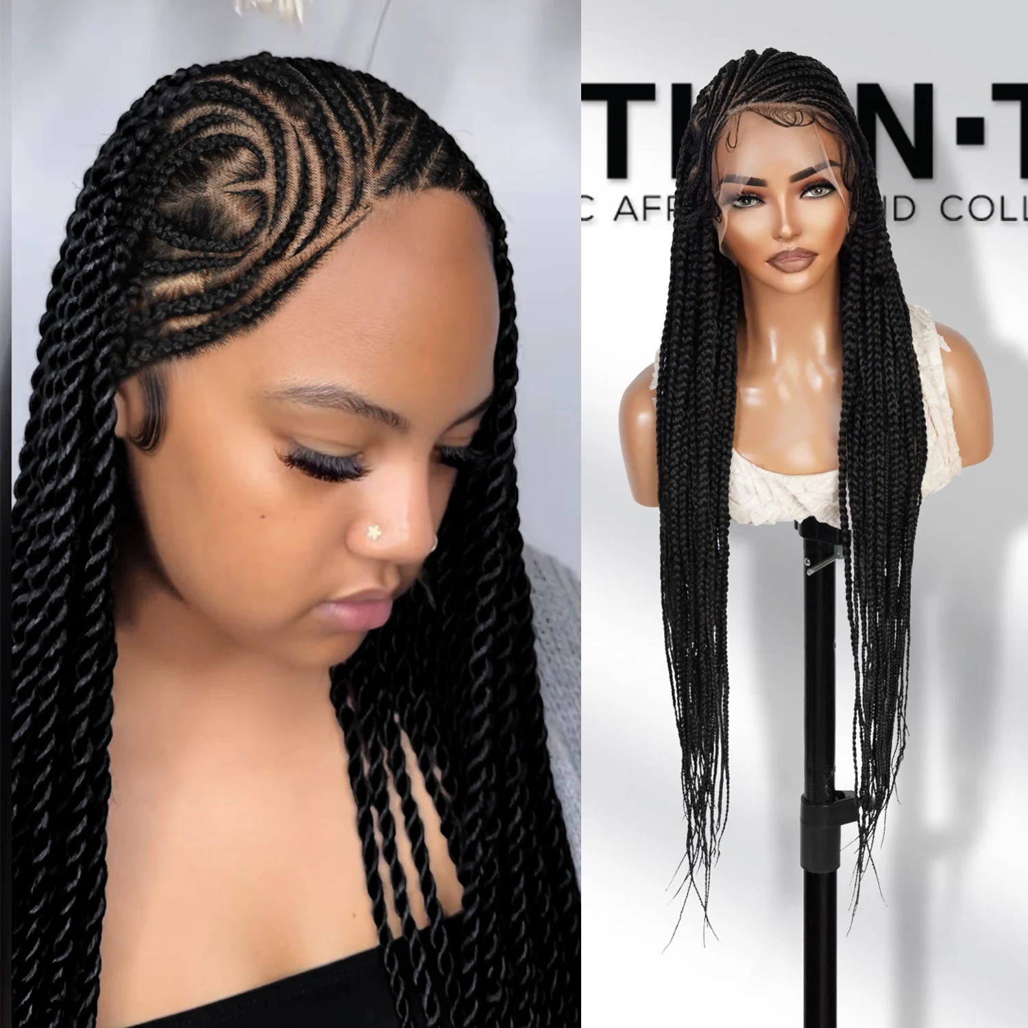 

Authentic Glueless Full Lace Braided Wig Large Side Part Feed-In Braids Heart Design 1B 36" BW Unit12