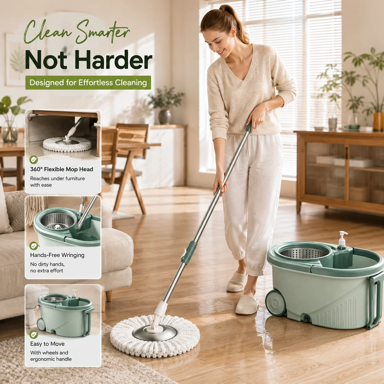 Green Microfiber Mop And Bucket Set With A Built-In Scrubber Brush And A Splash-Guard Rim For Multi-Surface Cleaning