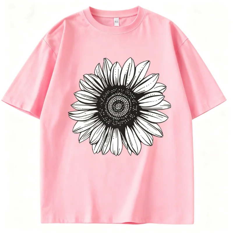 เสื้อยืดโอเวอร์ไซส์ลายดอกไม้สีดำขาว แขนสั้น ผ้าฝ้าย 100% สำหรับผู้หญิง เสื้อคอตตอนแขนสั้นสำหรับฤดูหนาว