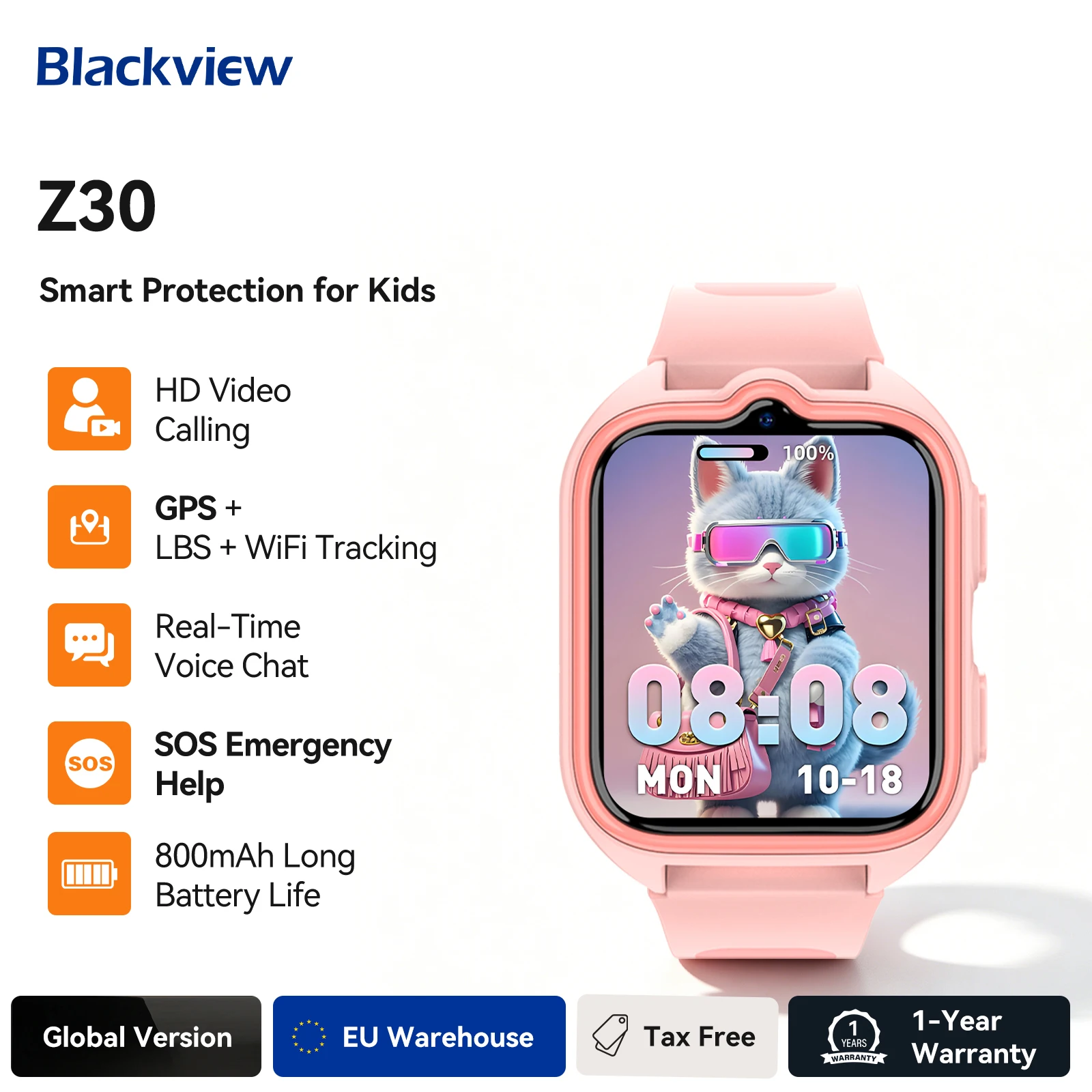 Montre connectée pour enfants Blackview Z30, montre téléphone pour enfants, positionnement triple AI LBS+WiFi+GPS, appel vidéo 4G, montre téléphone intelligente