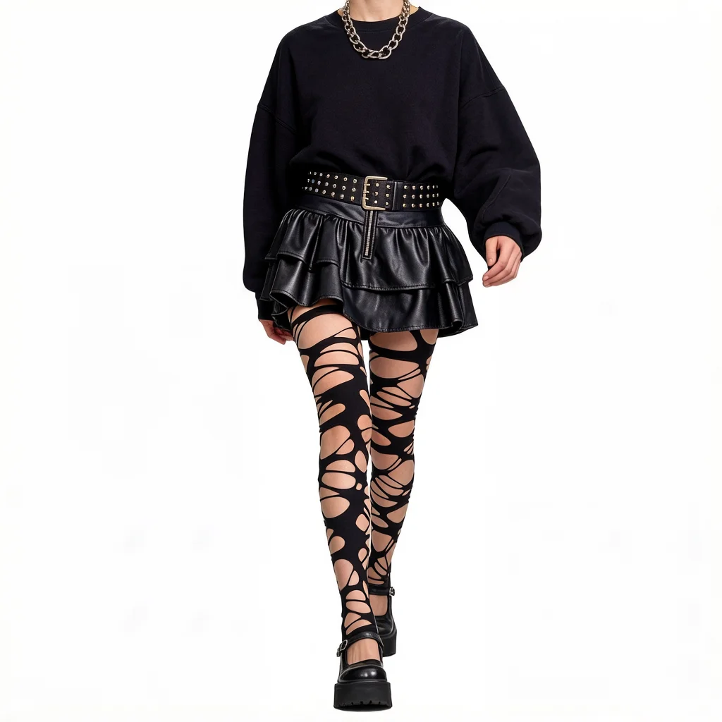 2PC Set {Ripped Pantyhose / Ripped Thigh High Socks}，Fashion Punk Torn Strap Holes Tights Nue Sexy Lolita Gothic Spider Web Stockings Ladies Y2k Black Mesh Soft Tights High Hosiery view 2