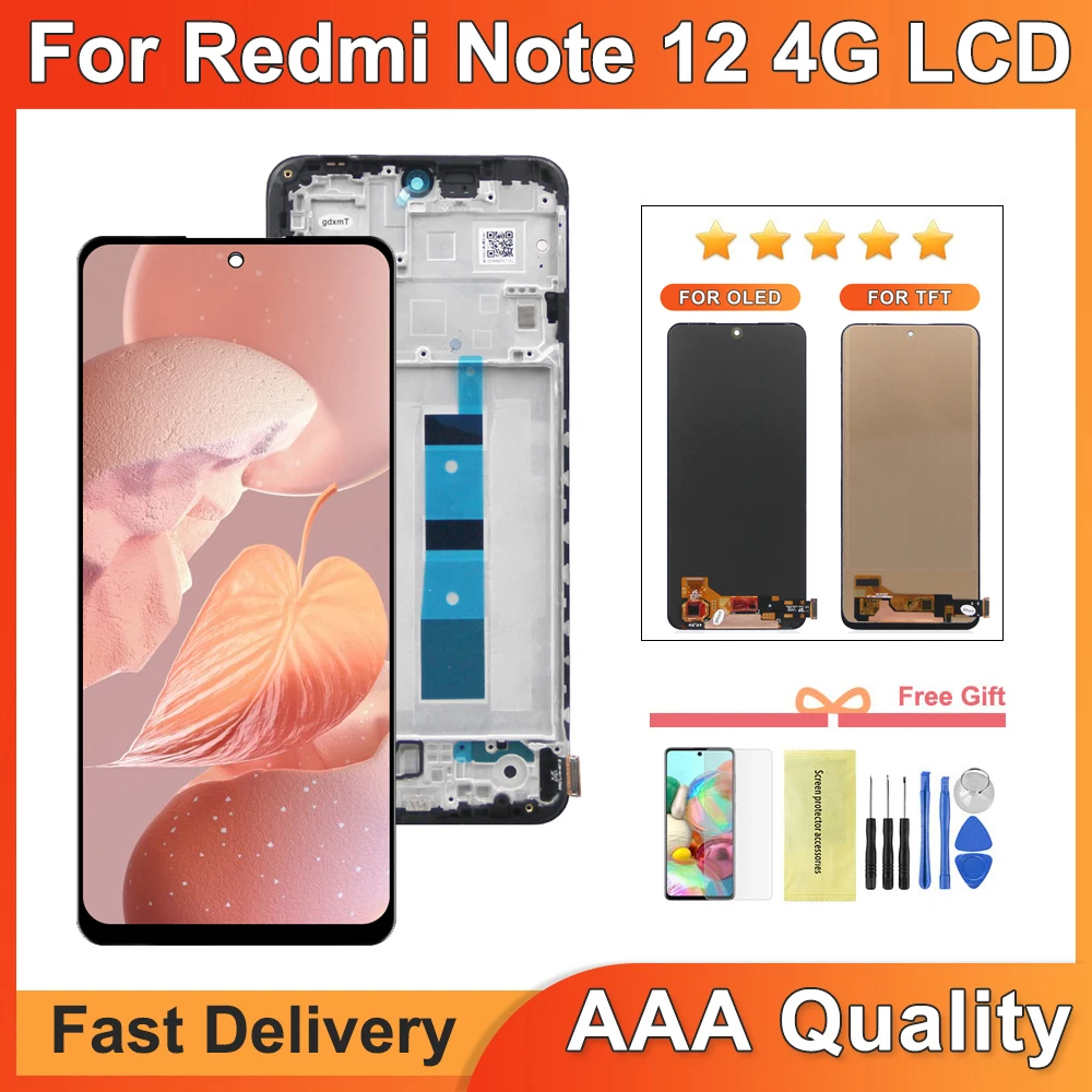 Super AMOLED Screen For Xiaomi Redmi Note 12 4G Lcd Display Touch Screen with Frame Assembly for Redmi Note 12 4G 23021RAAEG LCD