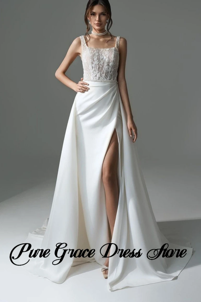 

Elegant Long White A-line Beading Lace Pearls Sleeveless Wedding Dress With Slit Square Collar Bridal Wedding Gowns for Women