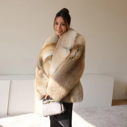 Denny&Dora Women's Fox Fur Coat Overcoat Full Pelt Thick Winter Coat Lapel Collar Woman Overcoats