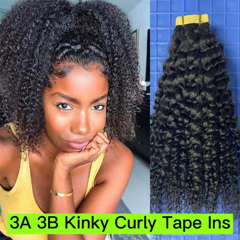 3A 3B Kinky Curly Tape In Human Hair Extensions For Black Women Girls Curly Brazilian Tape Ins Virgin Hair Mircrolinks Bundles