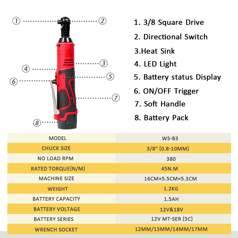 12V Electric Wrench Screwdriver 3/8 Cordless Ratchet Wrench Scaffolding Right Angle Wrench Power Tool Maximum Torque 65N.m