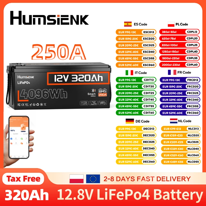 Humsienk Bluetooth LiFePO4 batterie intelligente 12V 320Ah LiFePO4 batterie au Lithium avec 250A BMS pour l'alimentation de secours, stockage d'énergie domestique