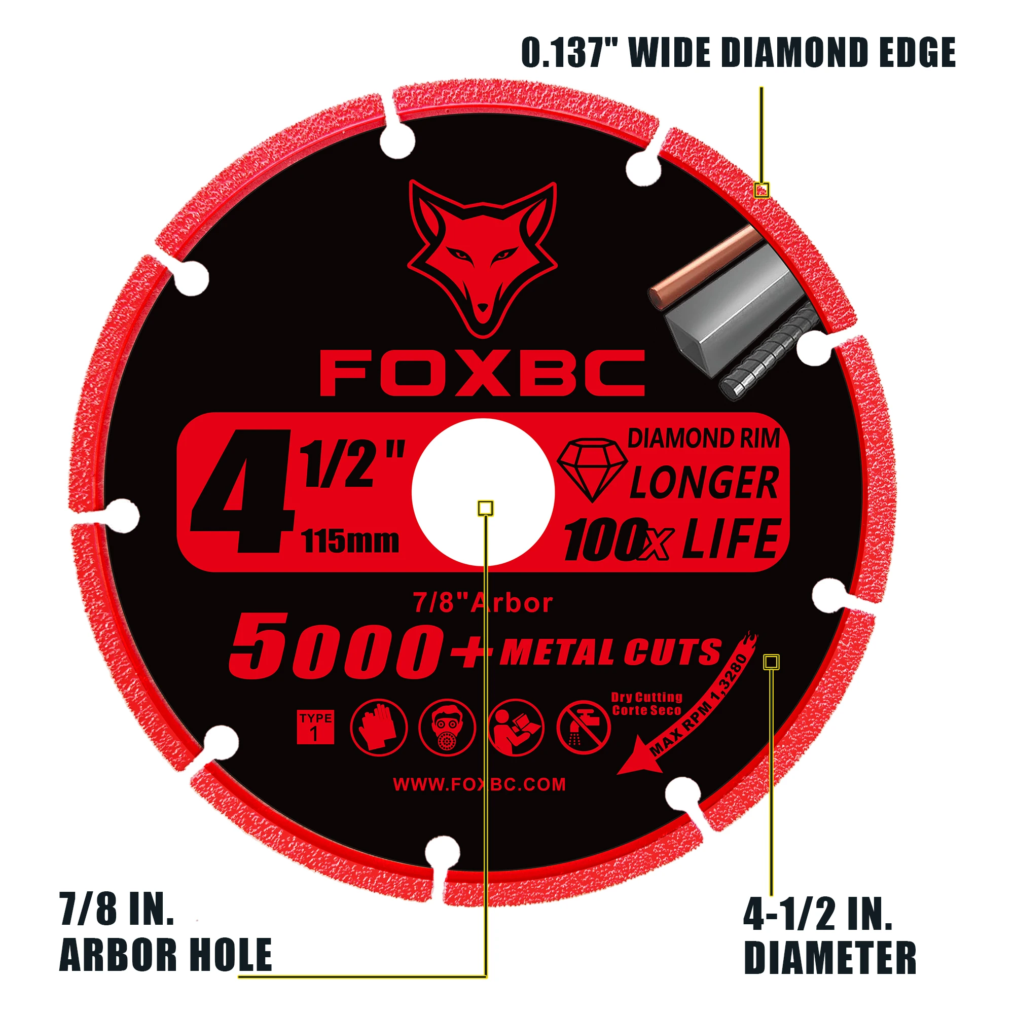 FOXBC 3 pezzi 115 mm mola diamantata 5000+ tagli su tondo per cemento armato ferro angolare in acciaio inossidabile con foro da 22 mm