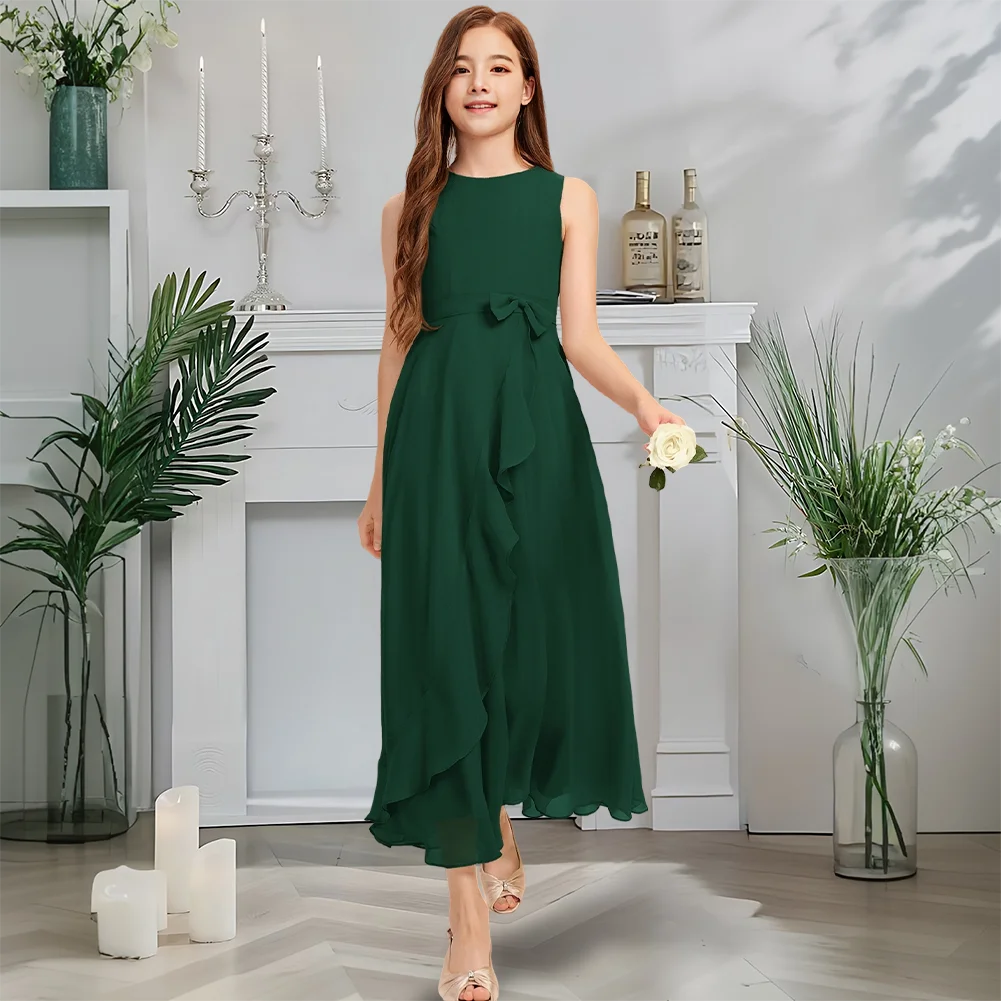 Ein salbeigrünes Junior-Brautjungfernkleid mit U-Ausschnitt, knöchellanges Chiffon-Blumenmädchenkleid mit Schleife für die Hochzeitsfeier von Kindern