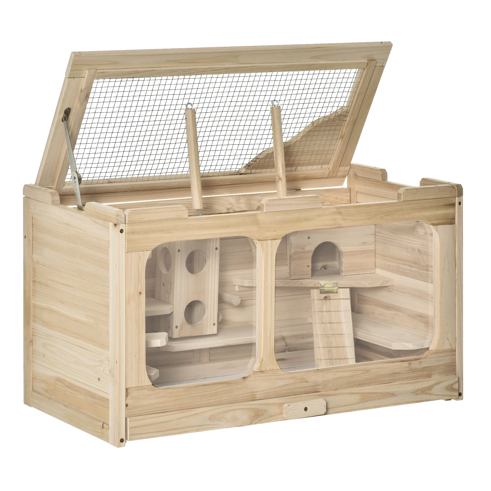 PawHut wooden hamster cage mice rodent house with 2 hideouts folding roof tray 78x40x44 cm Natural