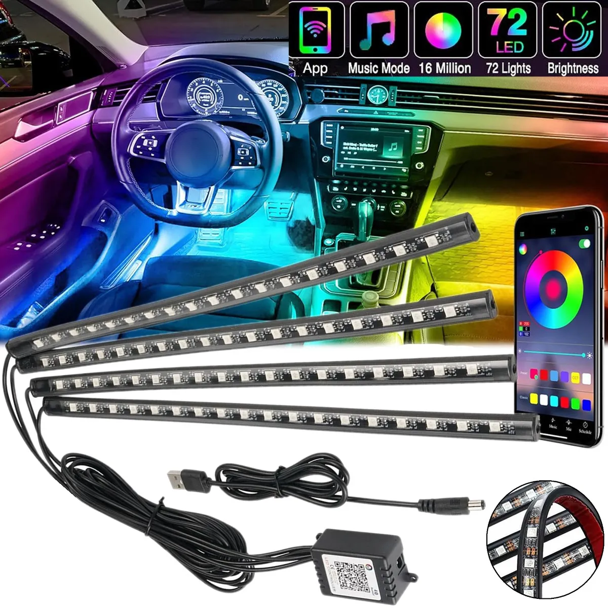 4PCS 72 LED RGB Car Interior Atmosphere Light Strips, USB Ambient Floor Lighting Kit with Bluetooth Phone APP Control, Music Sync Color Changing Neon Lights for Car, Truck & SUV Interior