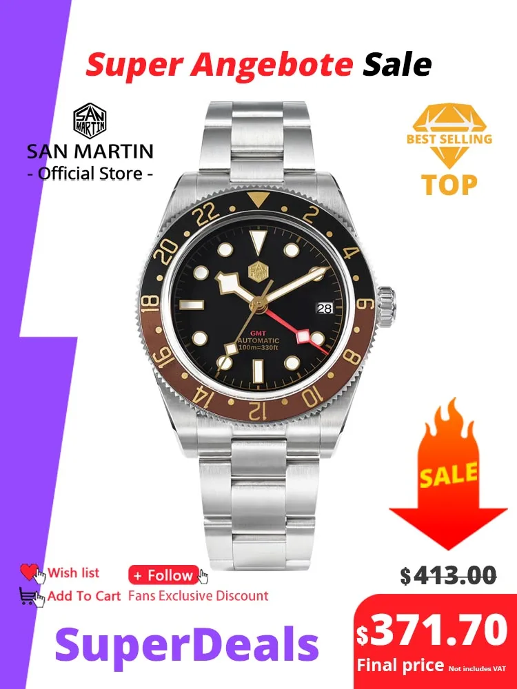 San Martin Root Beer Classic Vintage Luxury Men's Watch 39mm NH34 GMT Automatic Mechanical Watch Sapphire Waterproof 100m SN0109