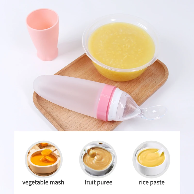 1PC Baby Silicone Rice Cereal Spoon Milk Bottle Squeeze Feeding Spoon Non Slip Soft Spoon Bottle Baby Food Supplement Tableware