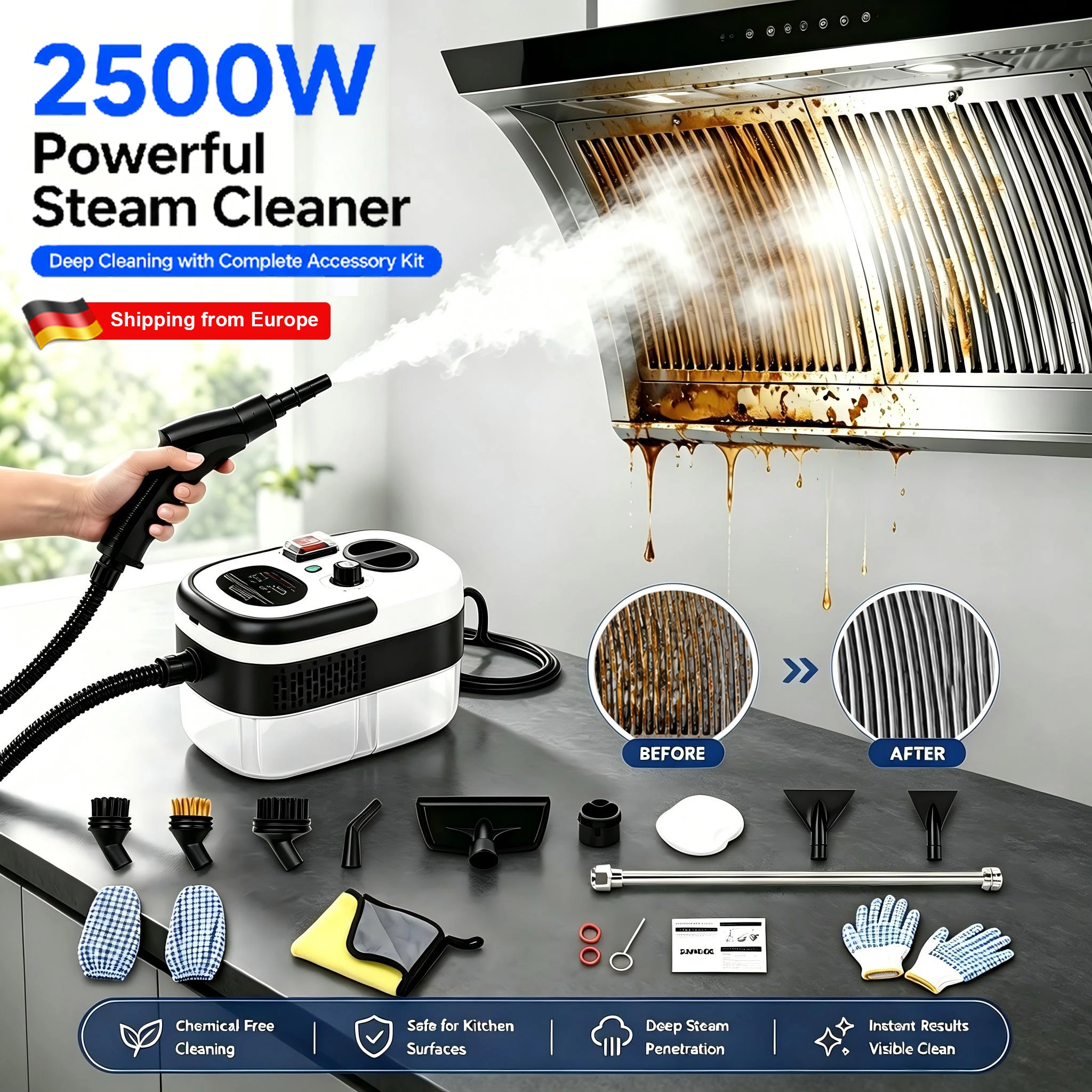 2500W przenośna Ręczny parowy odkurzacz, parownica wysokotemperaturowa, do klimatyzacji, okapów kuchennych, samochodów, parowa maszyna czyszcząca do podłóg i innych powierzchni, 220V Z głowicami