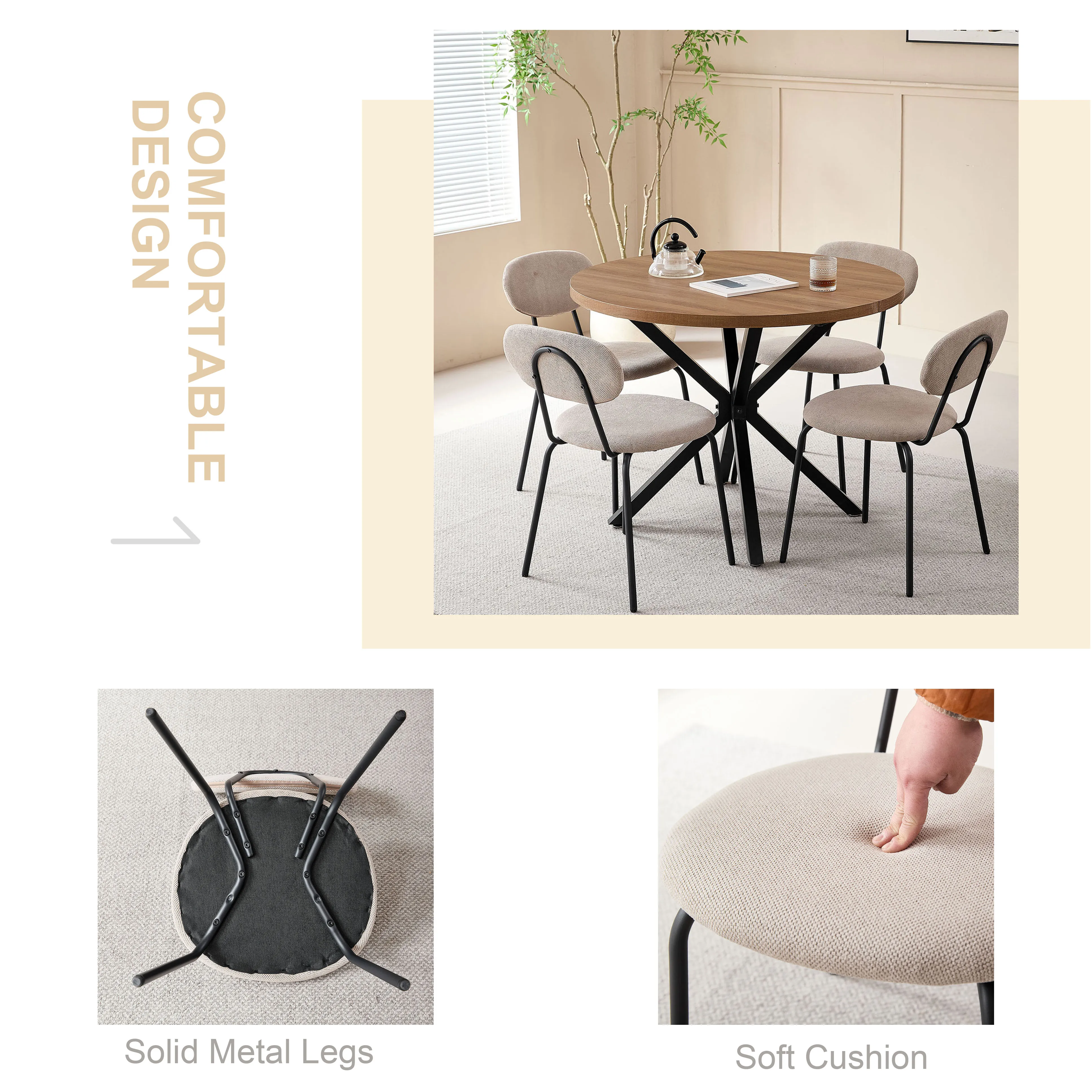 Set aus 4/6 nordischen Esszimmerstühlen mit Eisenbeinen, gepolstert, schlicht, hochwertig, stapelbar für Wohnzimmer/Wartezimmer/Bar/Restaurant – Detail 3