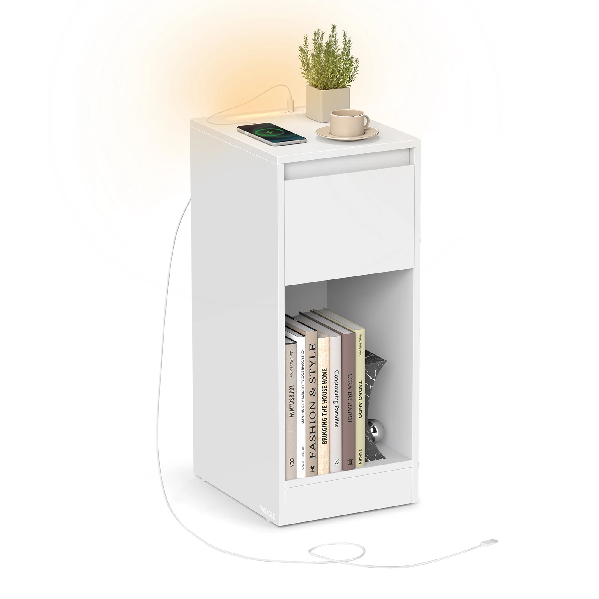 VASAGLE Nachttisch, schmal, Beistelltisch, LED-Beleuchtung, 1 USB-A-Anschluss, 1 USB-C-Anschluss, Schublade, offenes Fach