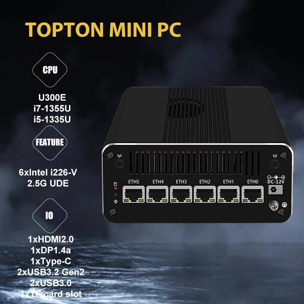 Micro Firewall Appliance Mini PC, VPN, Router PC, Intel i7 1355U i5 1335U i3 1315U U300 AES-NI 6xIntel 2.5GbE I226-V LAN TF card