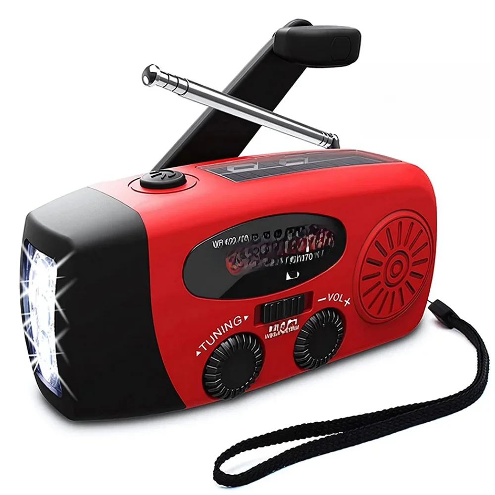 Solar Hand Crank Powered Camping Light with AM/FM Radio Outdoor 2000mAh USB Charging Multifunctional Hand Dynamo LED Flashlight