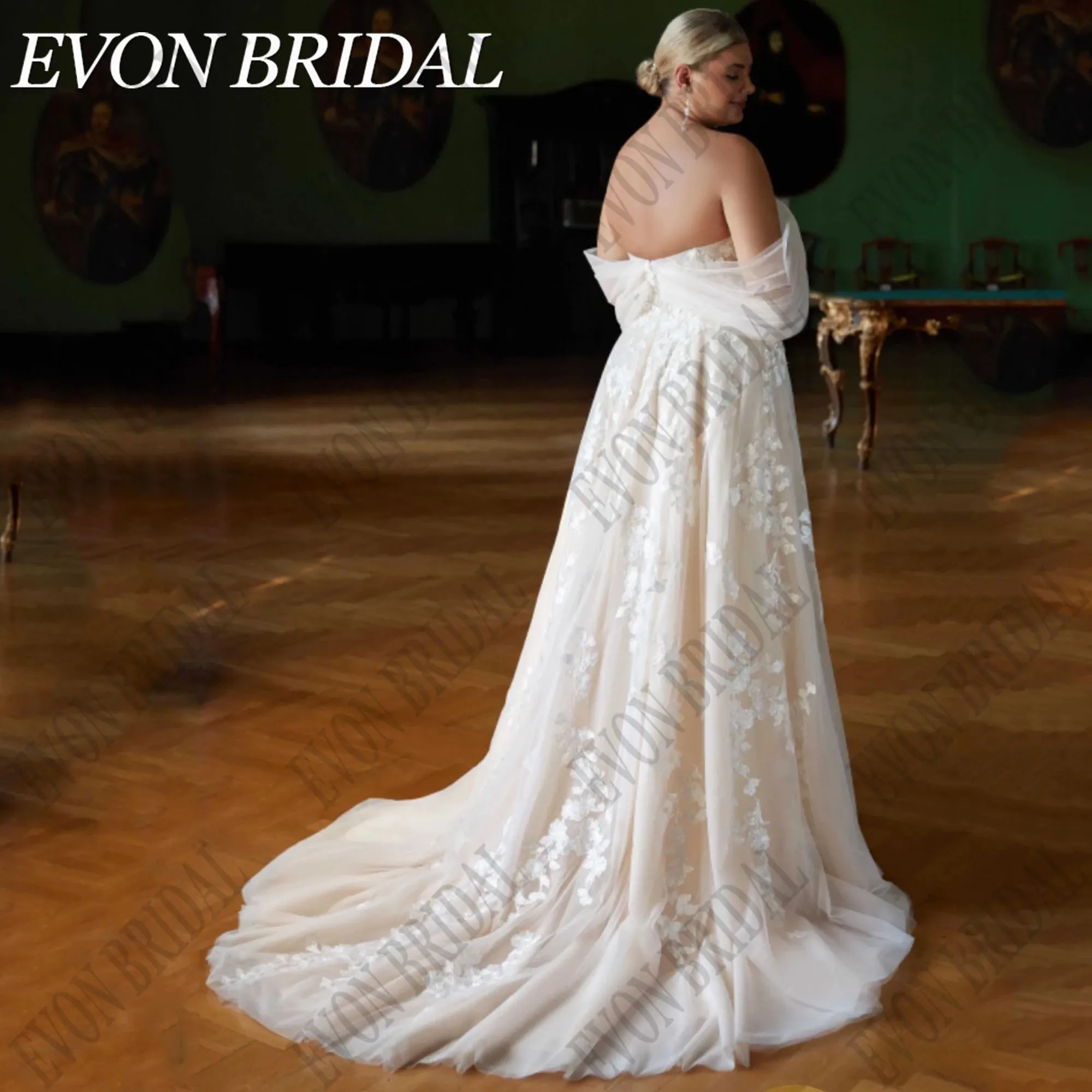 EVON BRIDAL Plus Size Wedding Dress V-Neck Off Shoulder Lace Applique Bride Gowns A-Line Backless Custom Made Vestidos De Novia